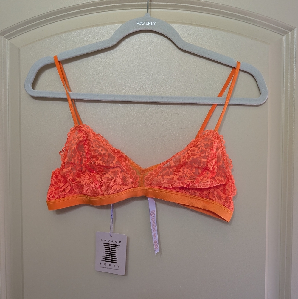 Savage X Fenty Floral Lace & Mesh Bralette- Orange Bellini